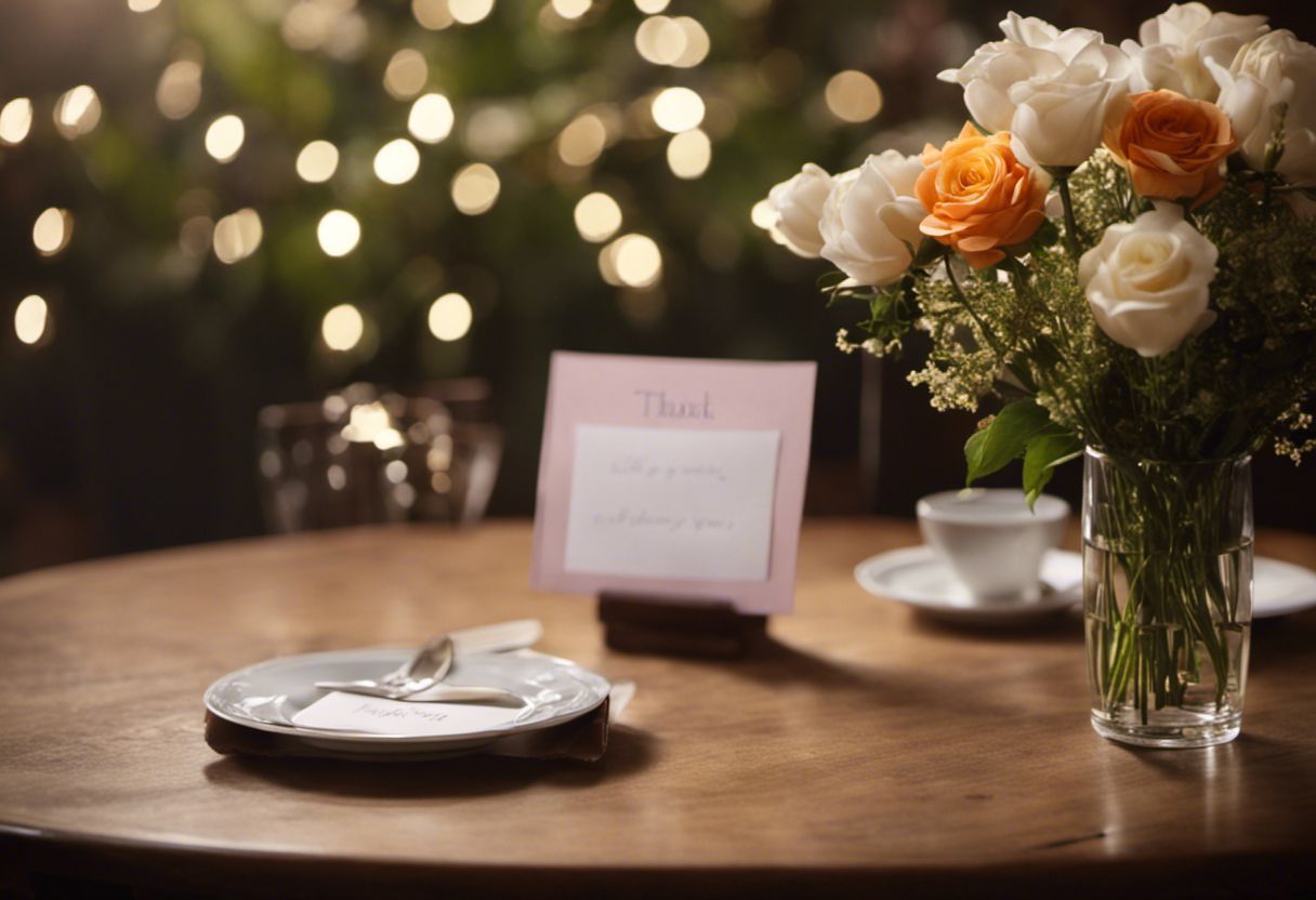 Une table hautement détaillée avec une note de remerciement et des fleurs